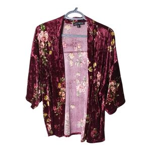 Mixed Threads Burgundy Red Floral Velvet Open Kimono Top Size Medium
